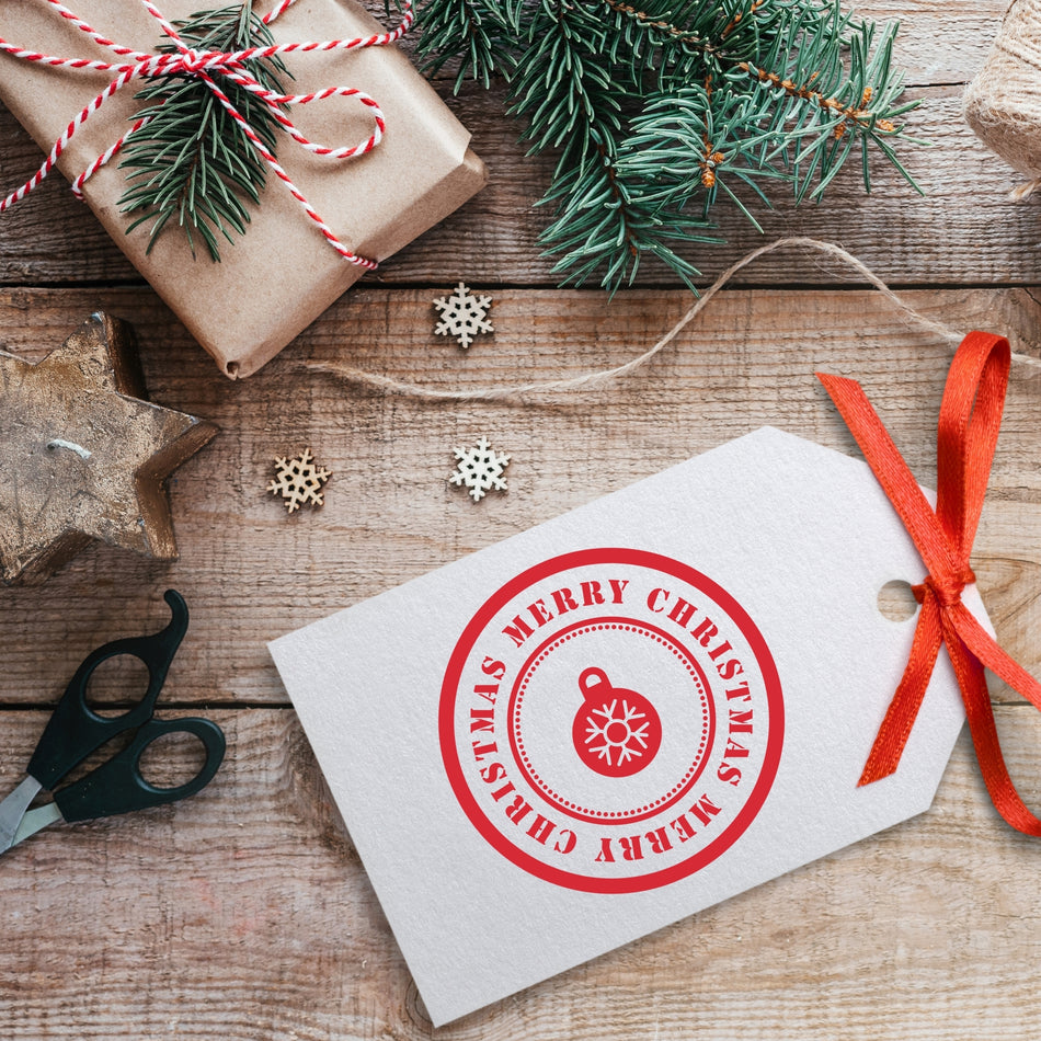 Trodat 4642 'Merry Christmas' Self-Inking Stamp – 42mm Round with Bauble Design | Multiple Ink Colours Available