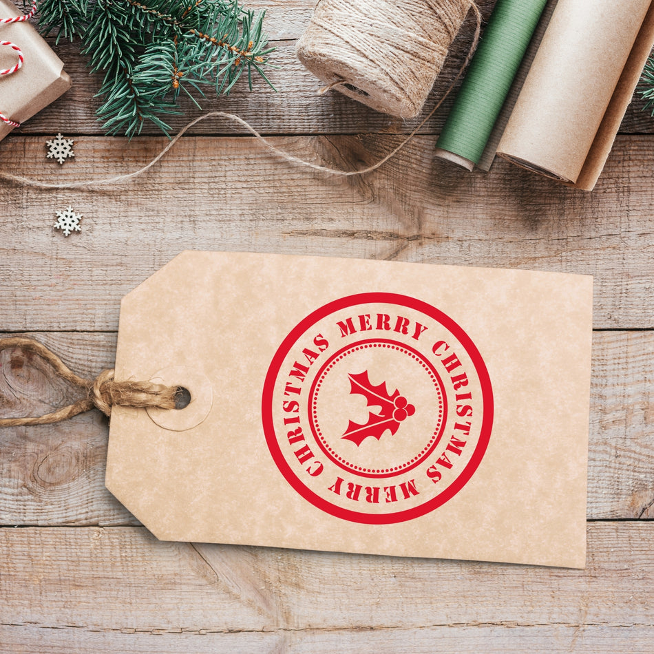 Trodat 4642 'Merry Christmas' Self-Inking Stamp – 42mm Round with Holly Design | Multiple Ink Colours Available