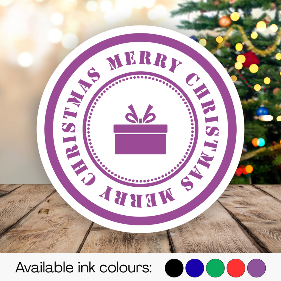 Trodat 4642 'Merry Christmas' Self-Inking Stamp – 42mm Round with Gift Box Design | Multiple Ink Colours Available