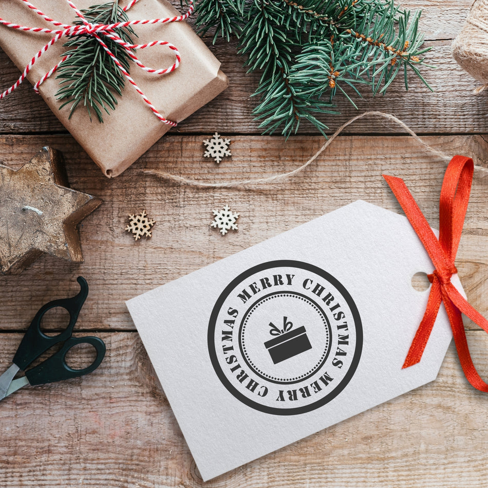 Trodat 4642 'Merry Christmas' Self-Inking Stamp – 42mm Round with Gift Box Design | Multiple Ink Colours Available