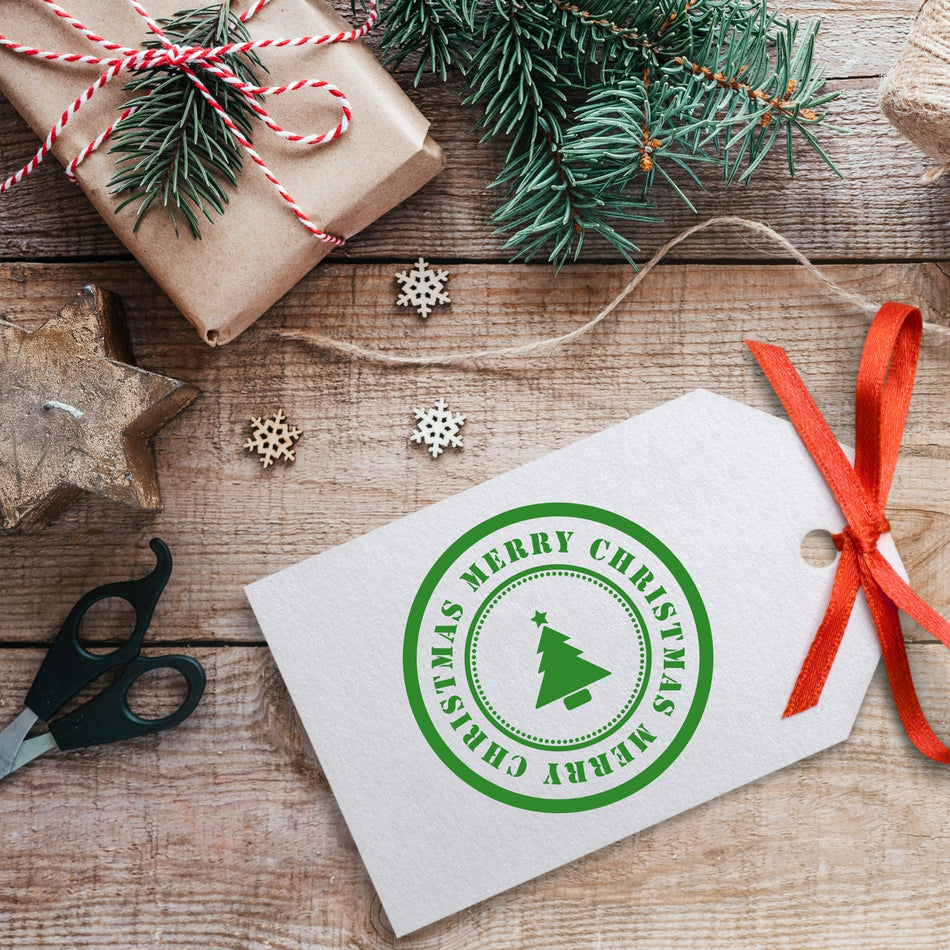 Trodat 4642 'Merry Christmas' Self-Inking Stamp – 42mm Round with Christmas Tree Design | Multiple Ink Colours Available