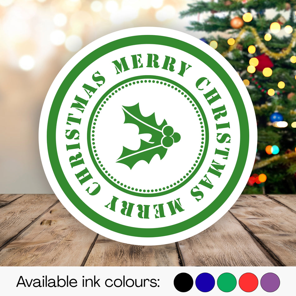 Trodat 4642 'Merry Christmas' Self-Inking Stamp – 42mm Round with Holly Design | Multiple Ink Colours Available