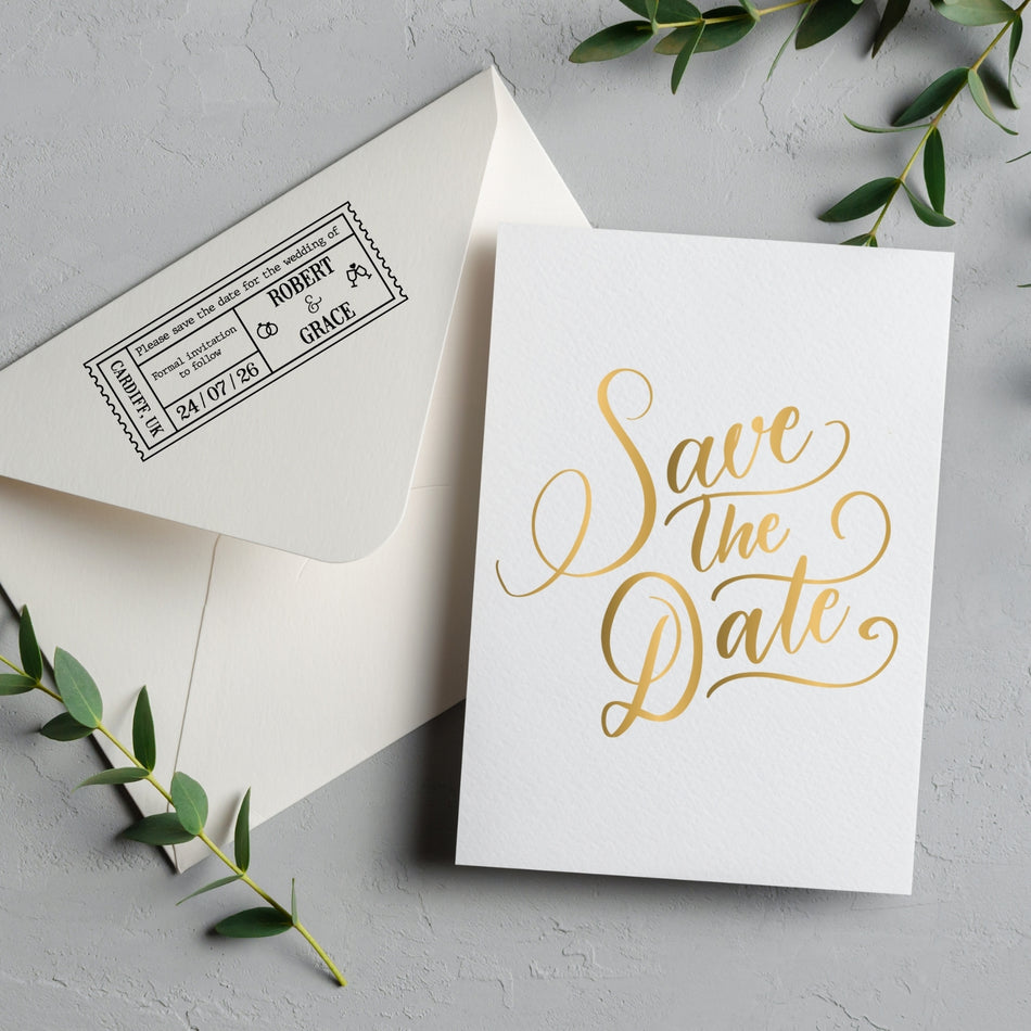 Traxx 9015 Wedding Stamps – Custom Wedding Ticket Design with Personalised Venue, Names, and Date – Perfect for Invitations, Envelopes, or Favours