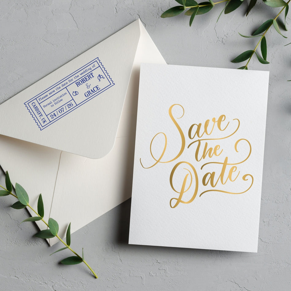 Traxx 9015 Wedding Stamps – Custom Wedding Ticket Design with Personalised Venue, Names, and Date – Perfect for Invitations, Envelopes, or Favours