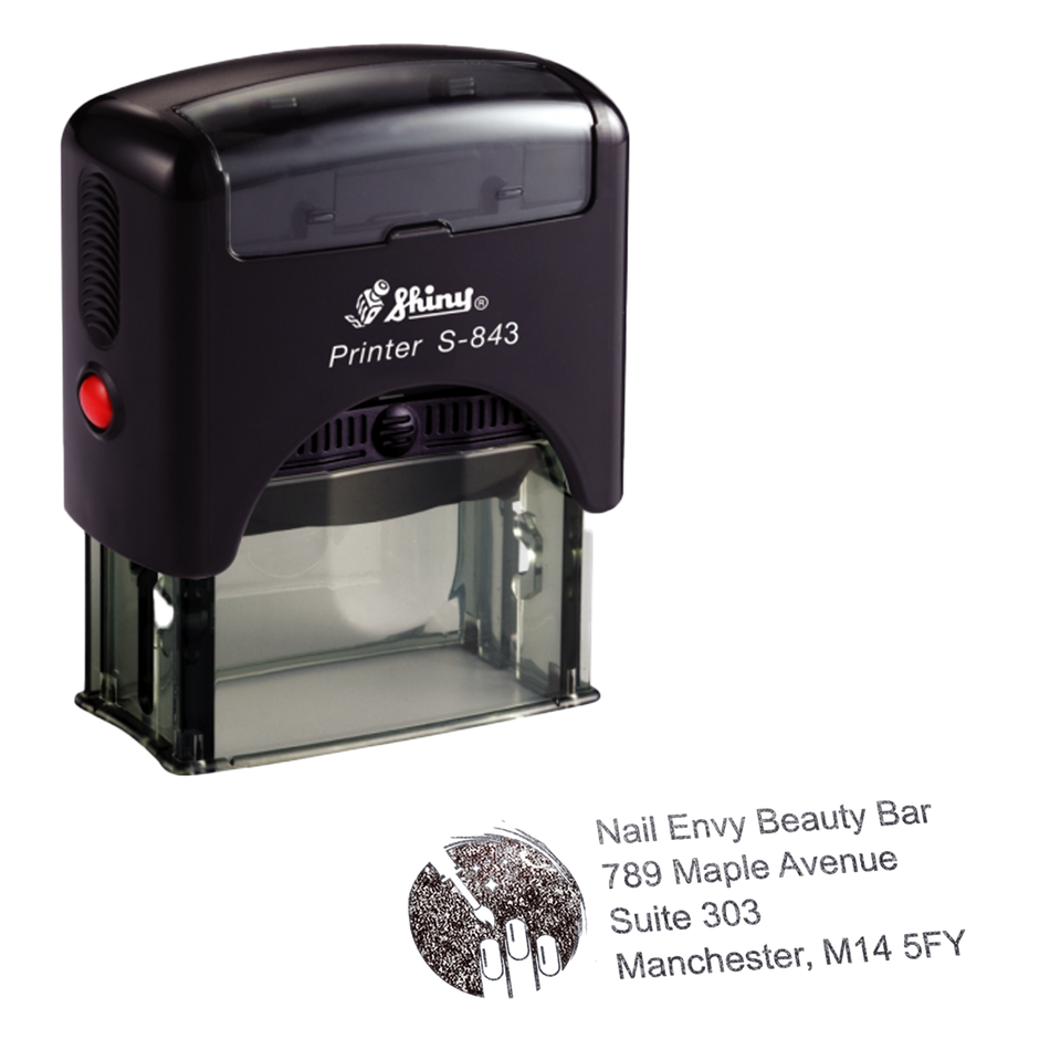 Shiny Printer S843 Stamp  | 4 Line Text & Logo Rubber Stamp | 48 x 18mm
