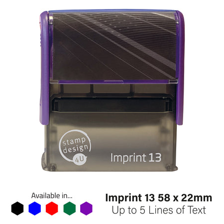 Imprint 13 Stamp, 58mm x 22mm, Choice of 5 Ink Colours, Custom Personalised 5 Line or Logo Stamp
