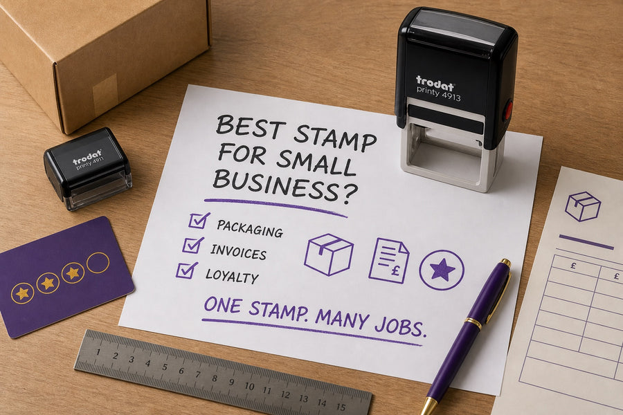 Small-business stamp guide worksheet for packaging, invoices and loyalty cards