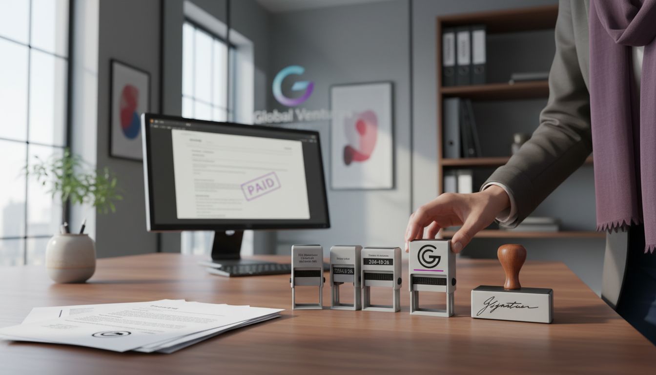 Assorted business stamps on office desk