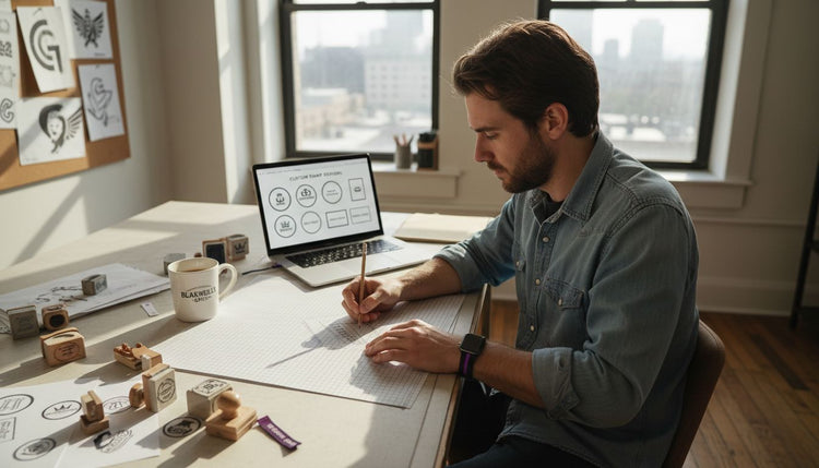 Designer sketching company logo stamp artwork