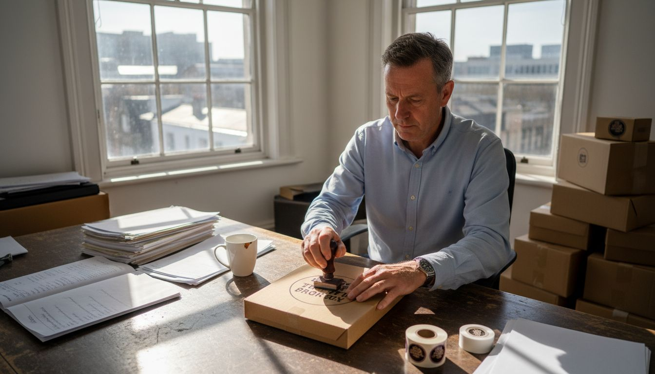 Business owner stamping logo on packaging