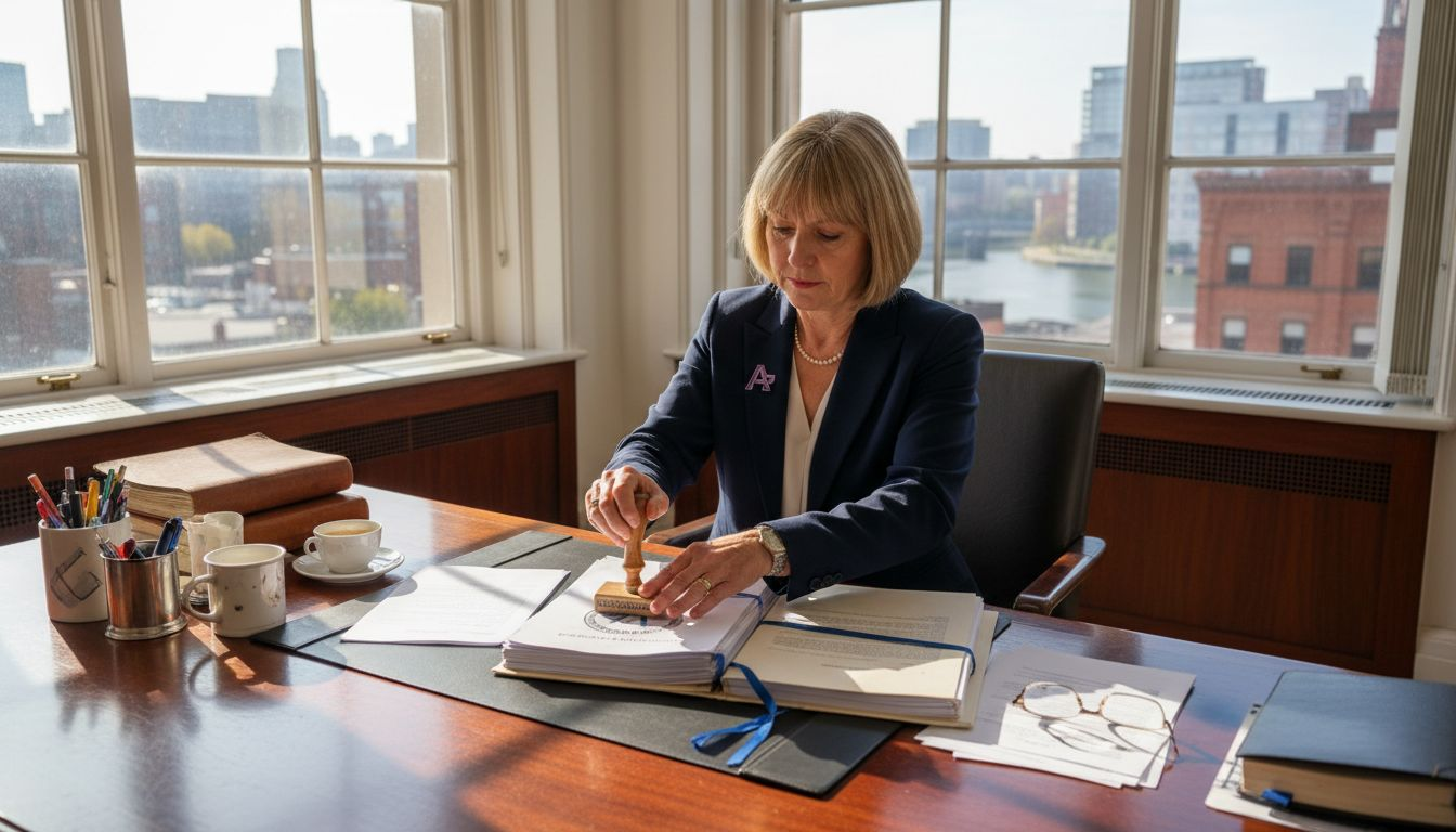 Manager using stamp at business desk