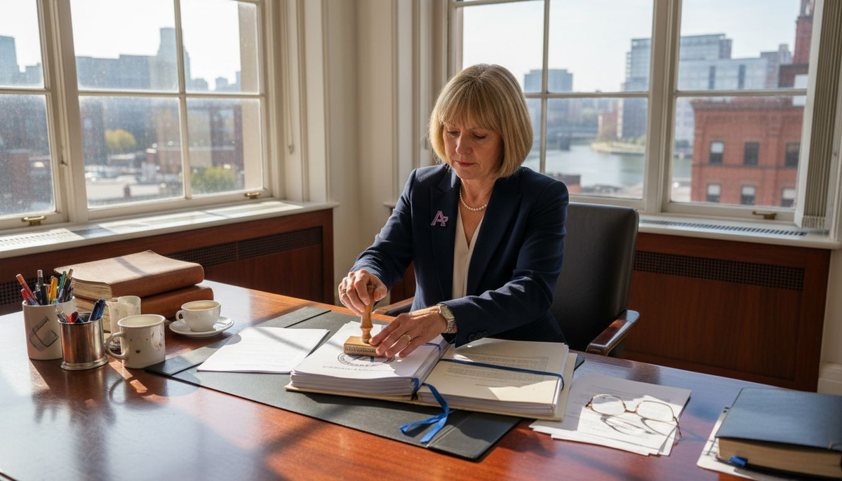 Manager using stamp at business desk