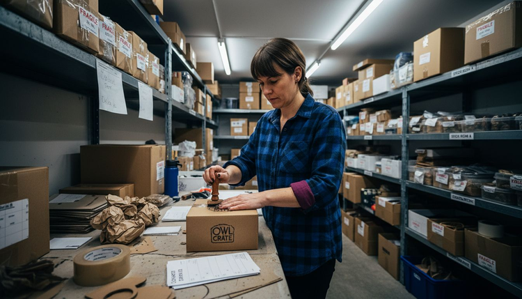 Business owner stamping logo on boxes