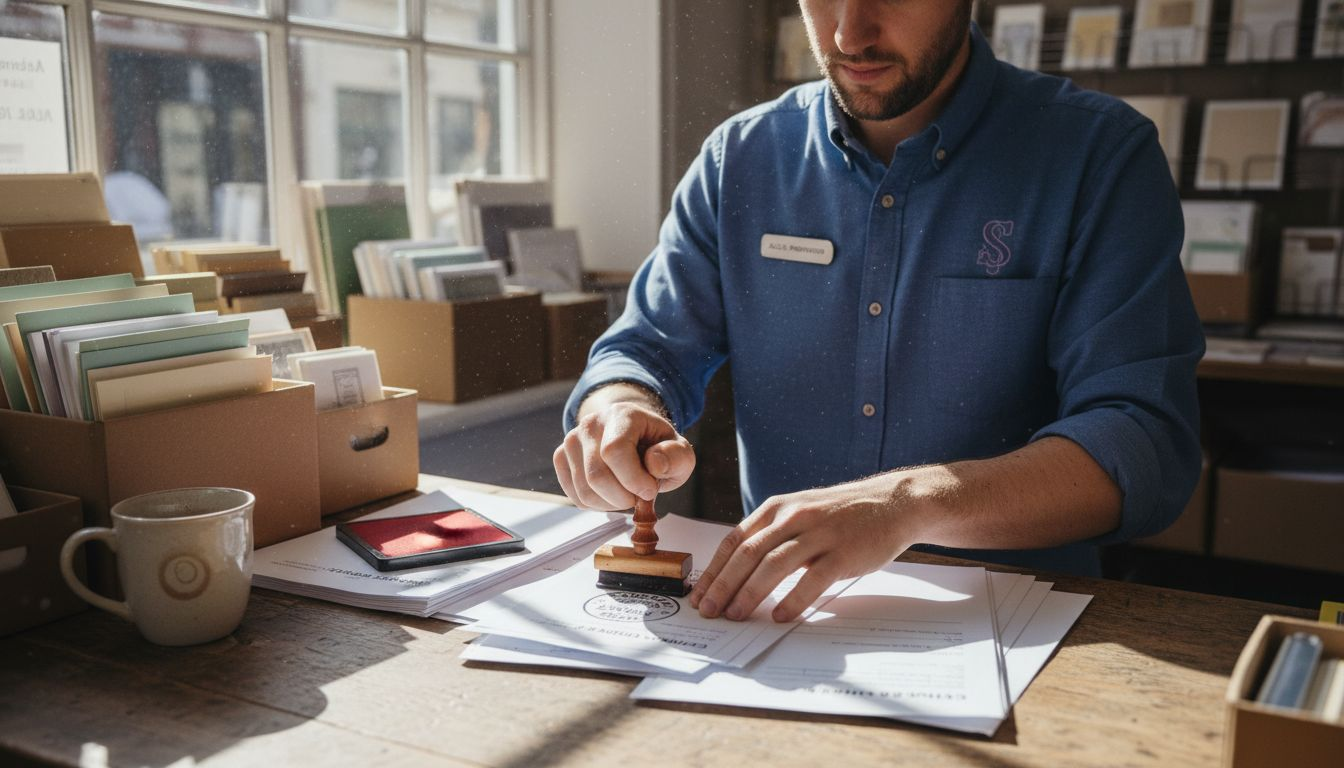 Small business owner stamping paperwork at desk