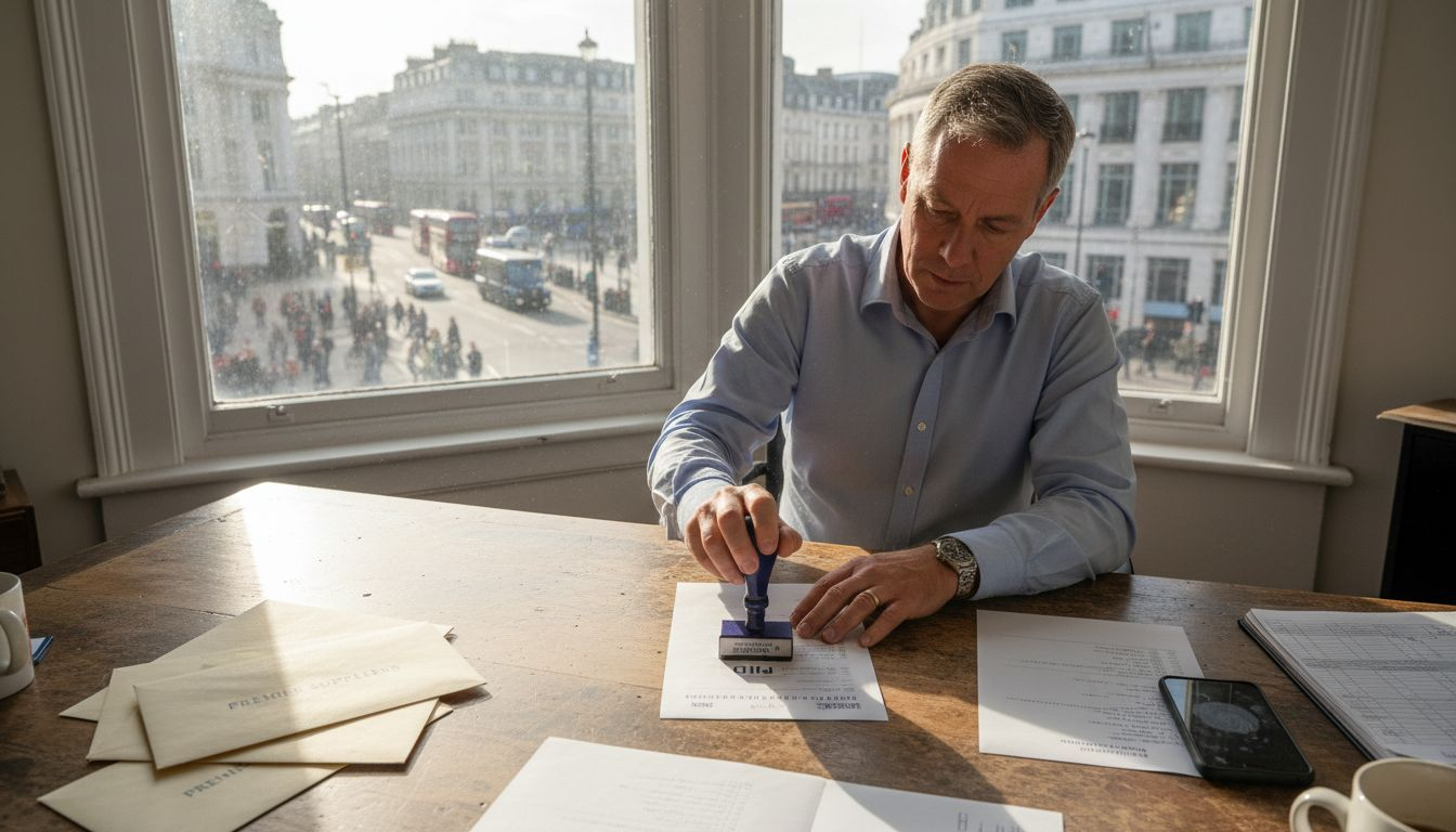 Businessman stamping invoice at office desk