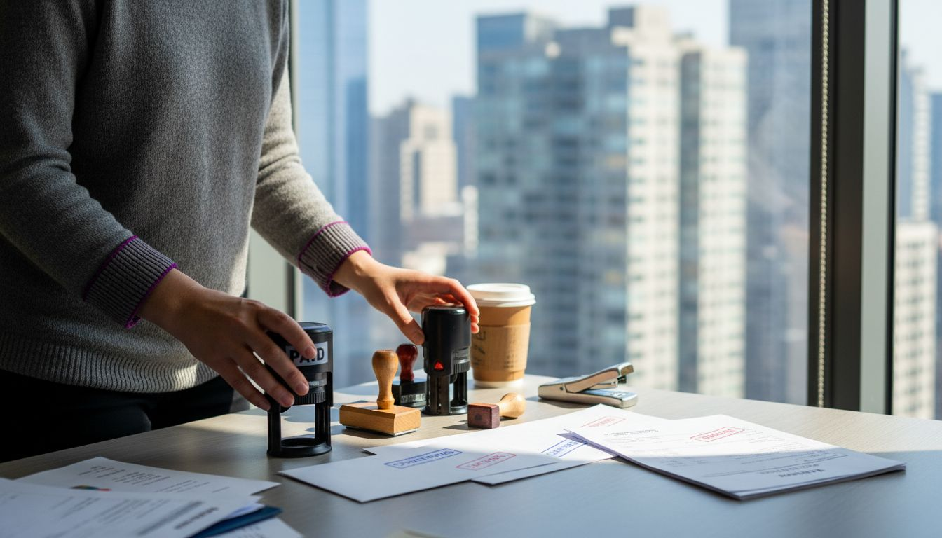 Small business owner using office stamps at desk