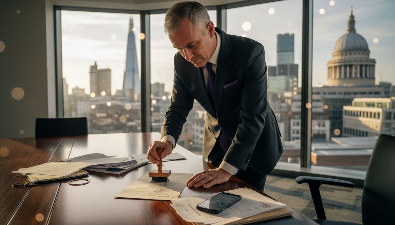 Man stamping document in London office