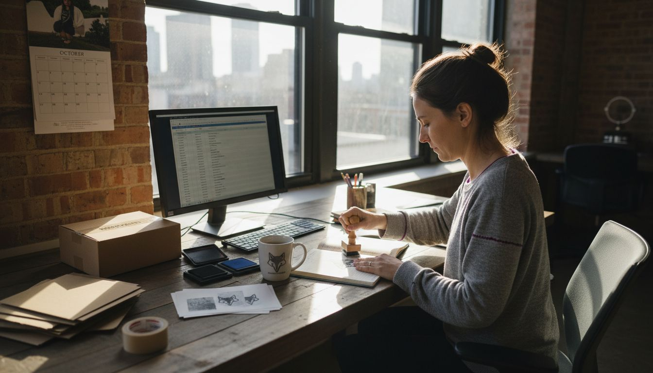 Business owner using branding stamp at desk