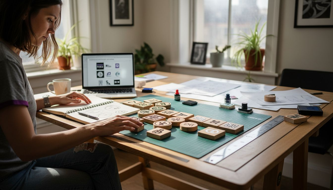 Designer arranging custom stamp prototypes
