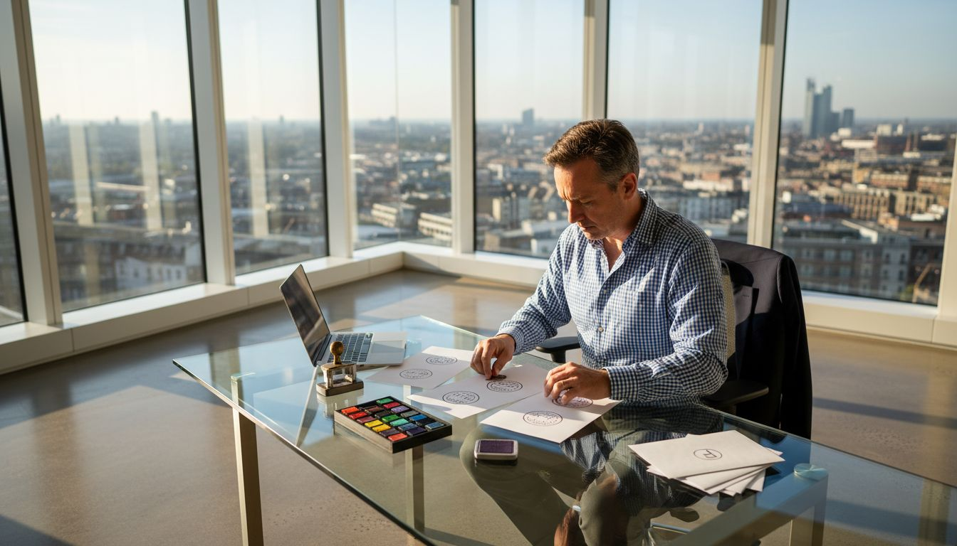 Director reviews business stamp layouts in office