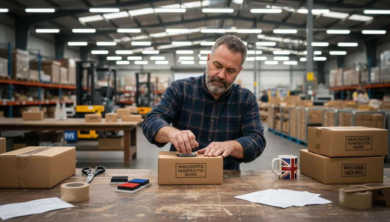 Business owner stamps branding on UK boxes