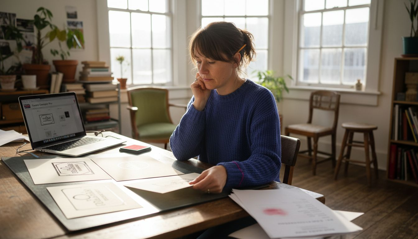 Small business owner reviewing stamp designs