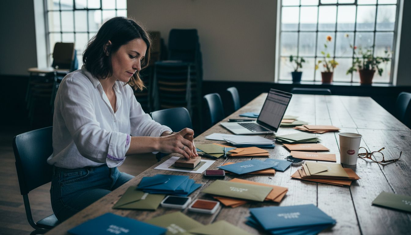Event coordinator stamping branded welcome packs