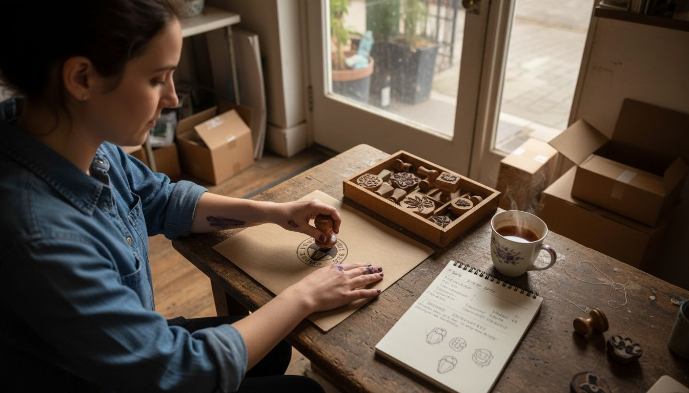 Small business owner making custom logo stamps