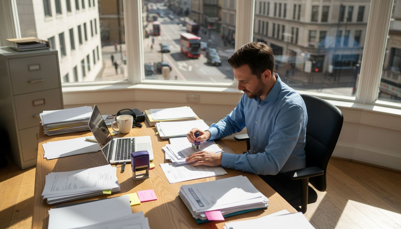 Office manager using pre-inked stamp on paperwork