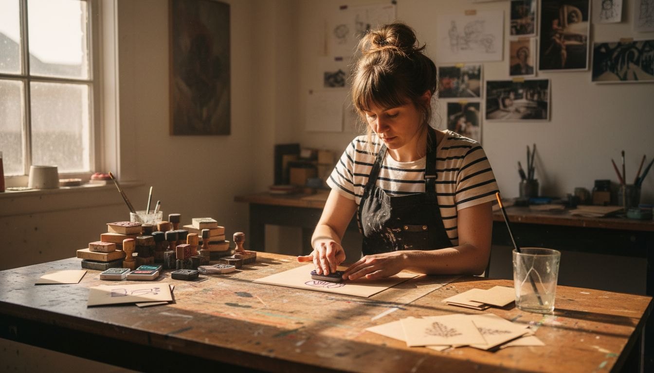 Artist stamping creative projects at studio desk