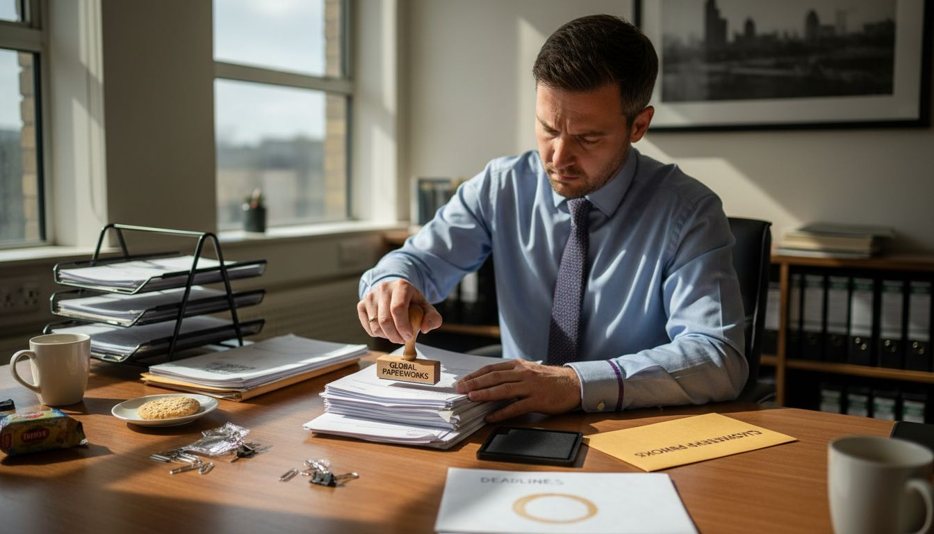 Office manager branding invoices with reusable stamp