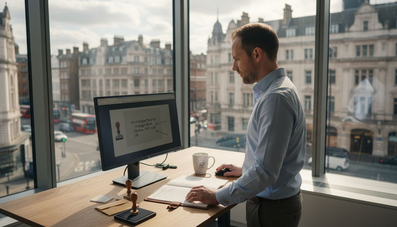Office manager reviewing address stamp in London office