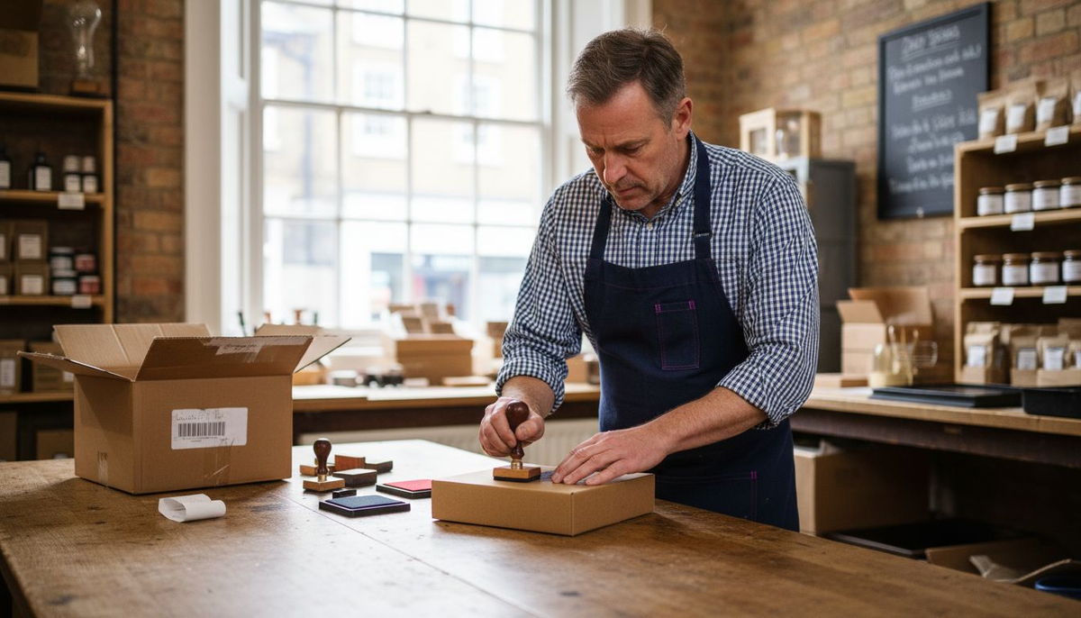 Business owner stamping branded product packaging