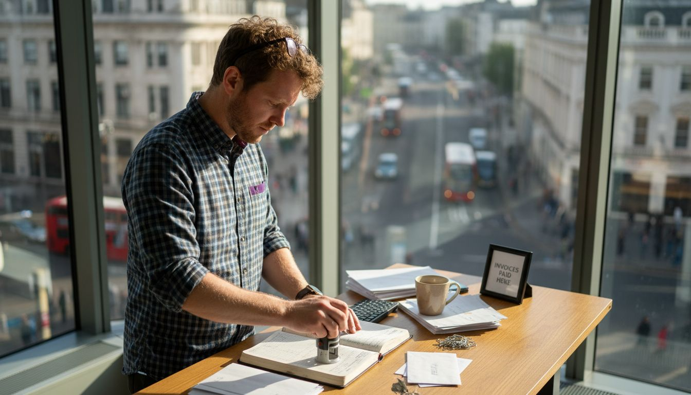 UK SME owner using custom stamp at desk