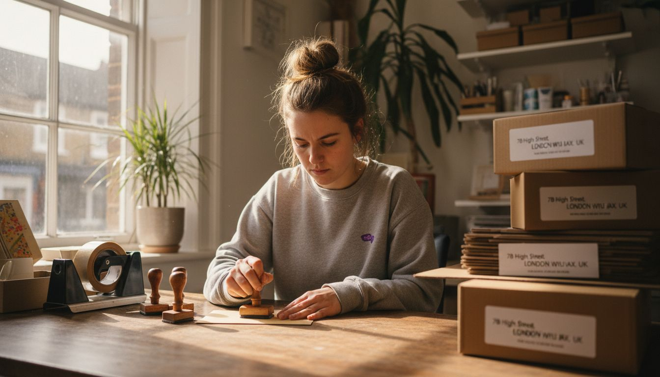Entrepreneur stamping business mail by window