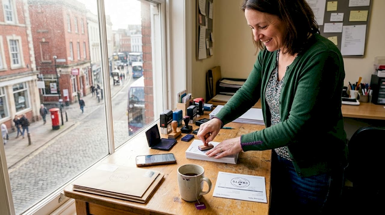 Business owner stamps logo at work desk