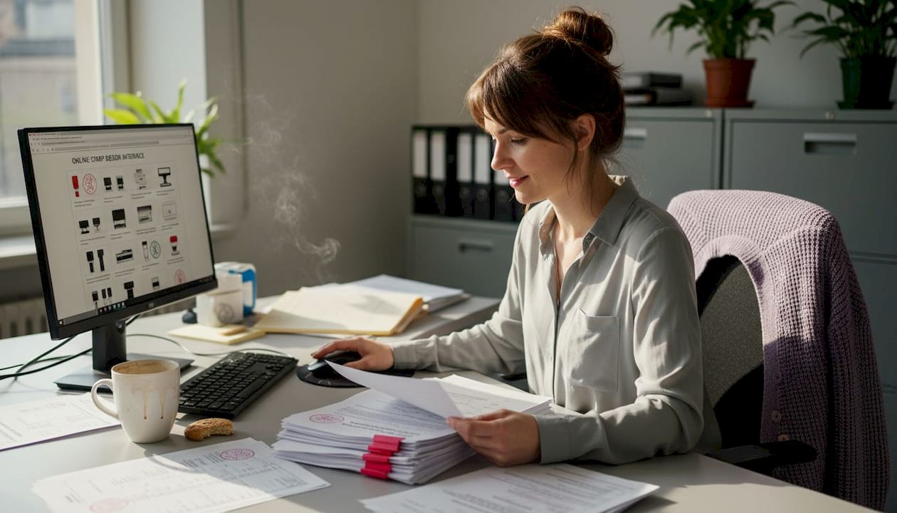 Employee reviewing stamped documents at desk