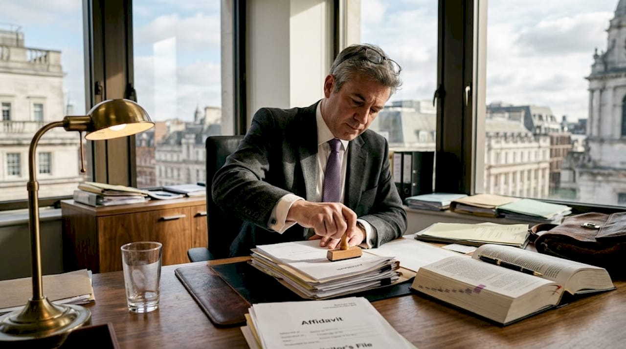 Attorney using rubber stamp at office desk