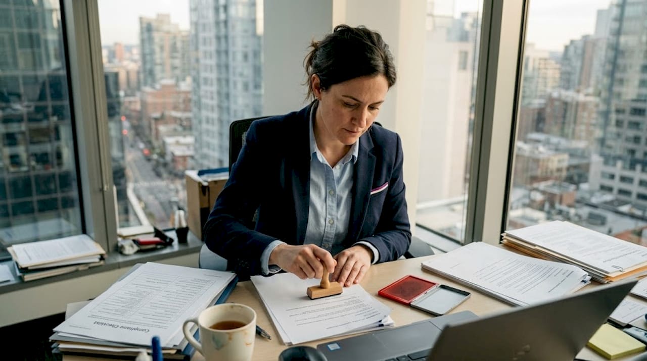 Manager stamping paperwork in urban office