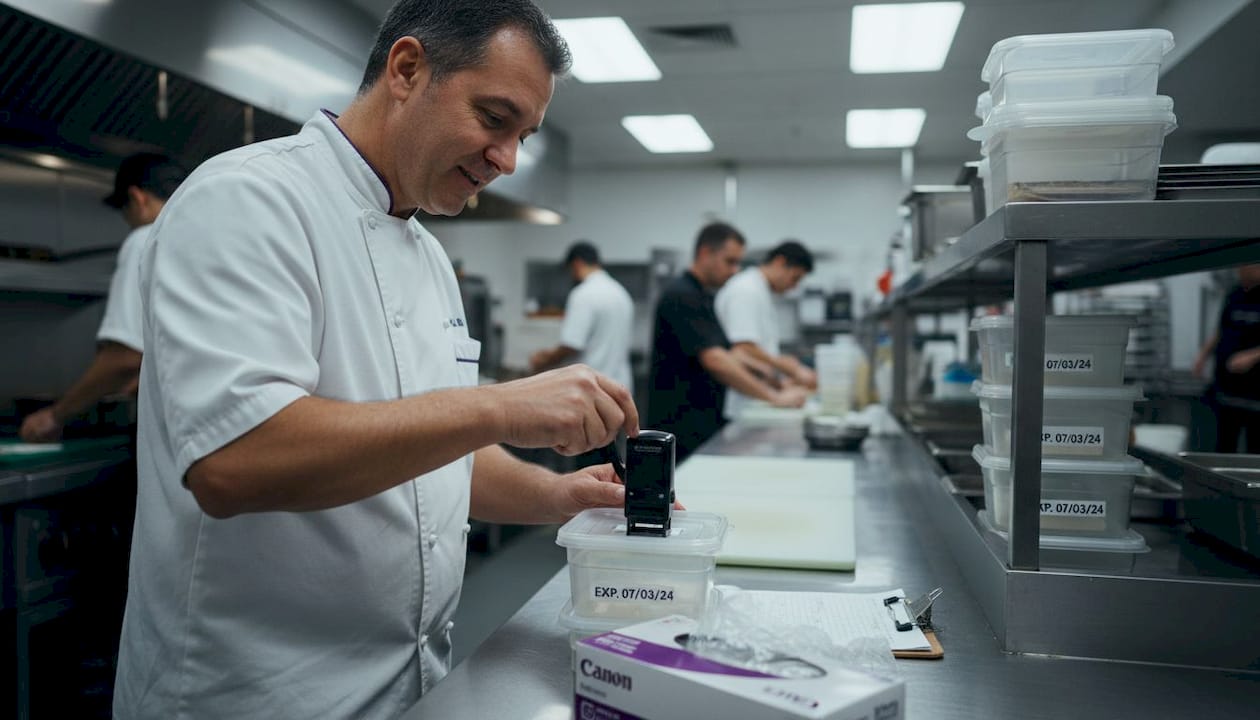 Kitchen manager stamping date on food container