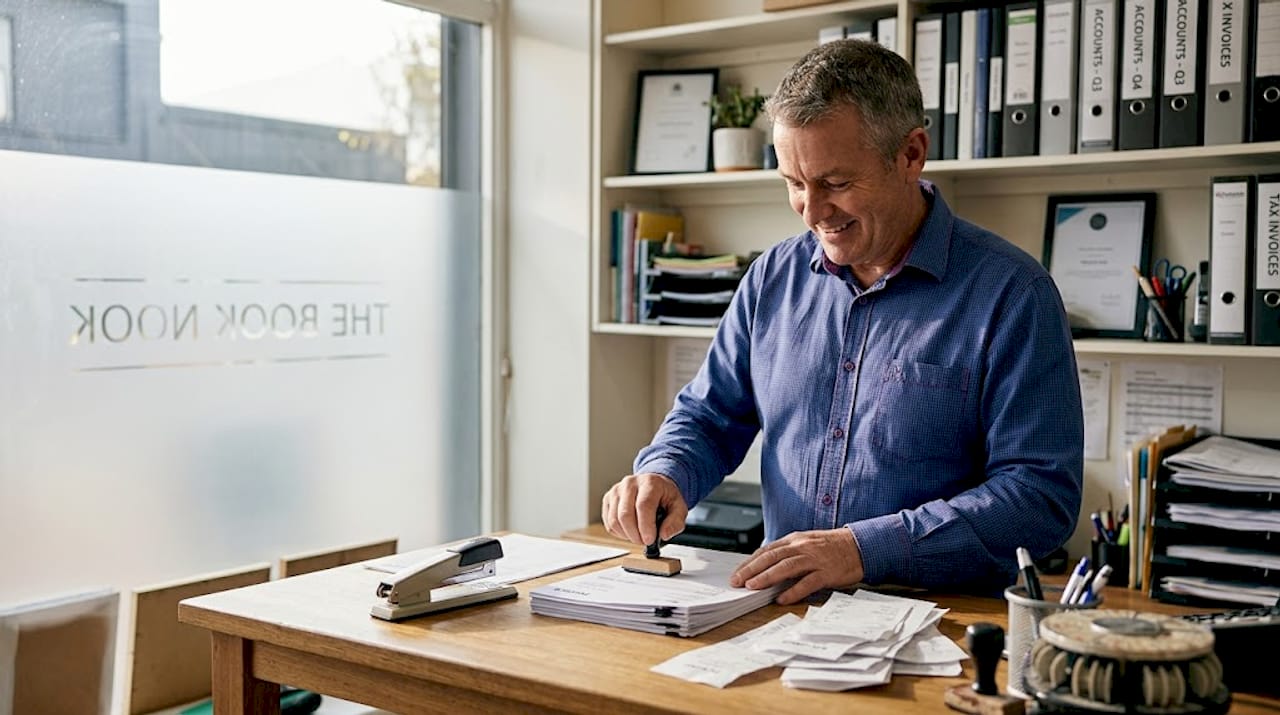 Business owner stamps paperwork in compact office