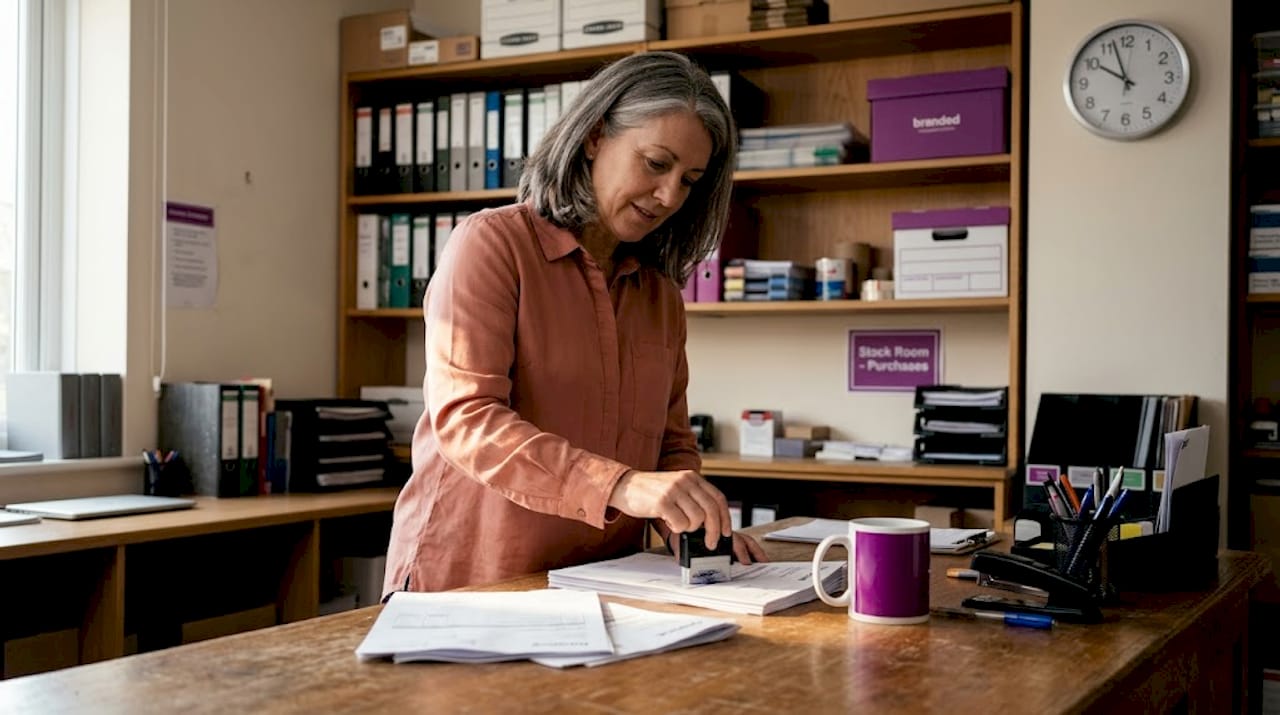 Purchasing manager using custom stamp on documents