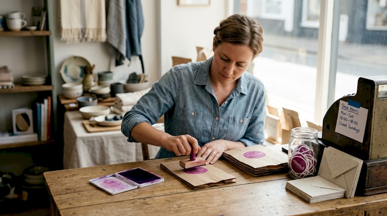 Shop owner stamping logo bags at counter