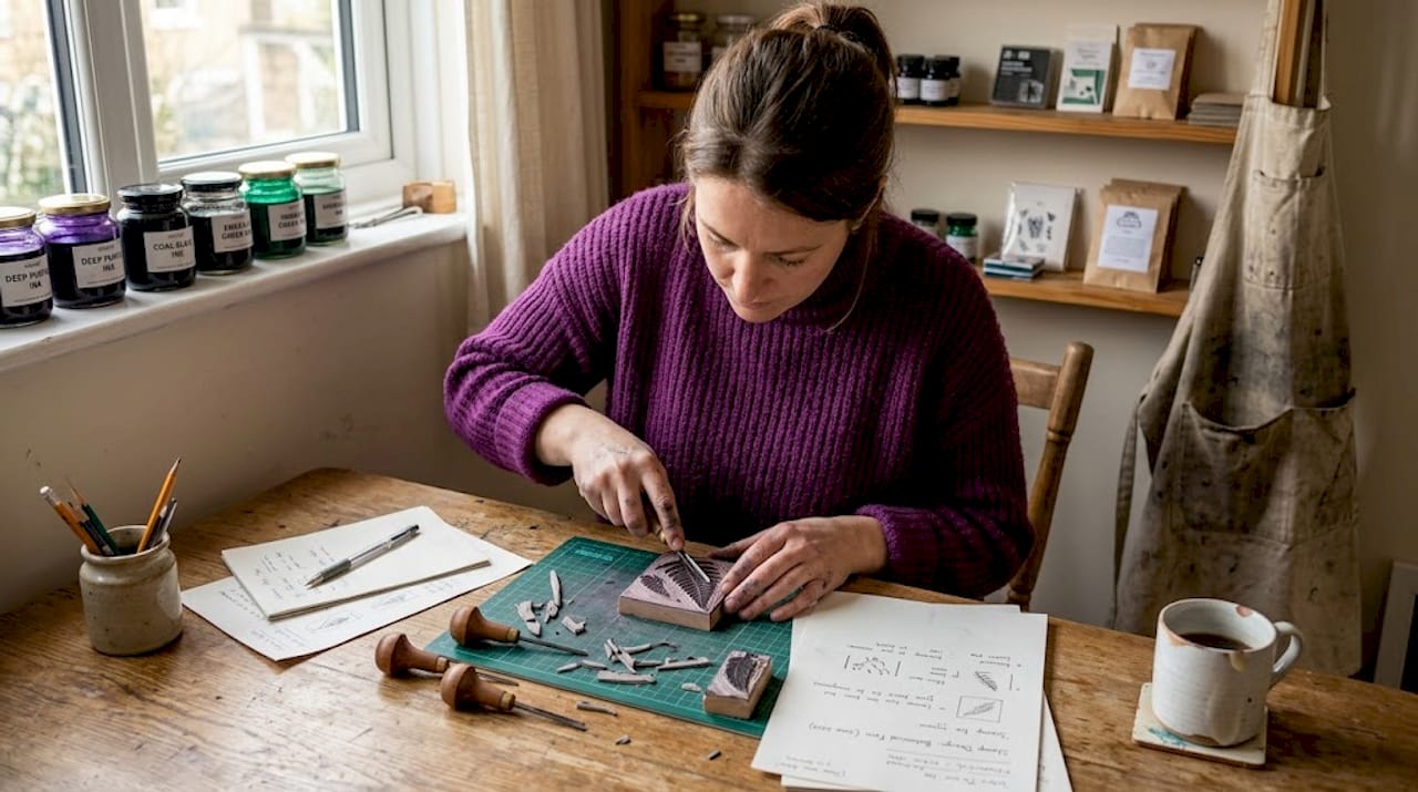 Artisan carving hand-made stamp in studio