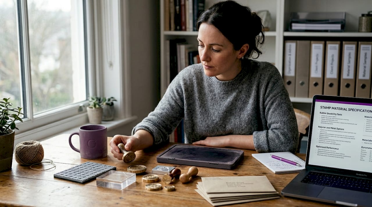 Woman inspecting stamp materials in home office