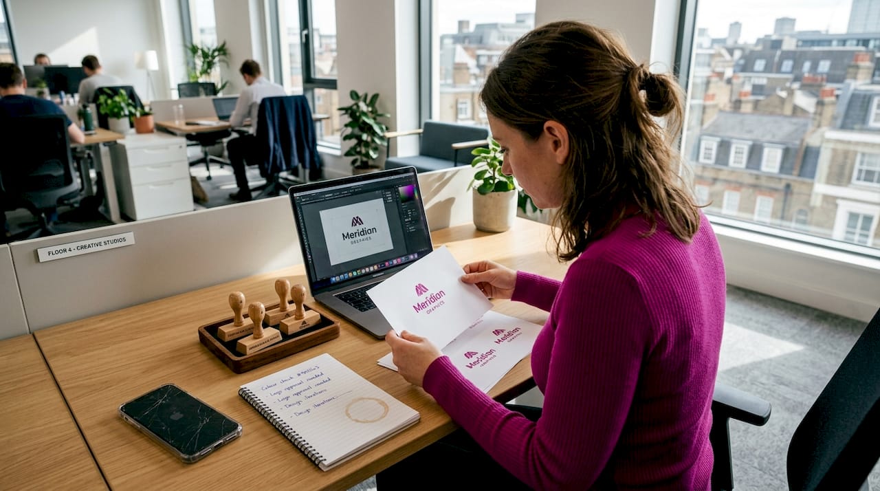 Office designer reviews rubber stamp proofs