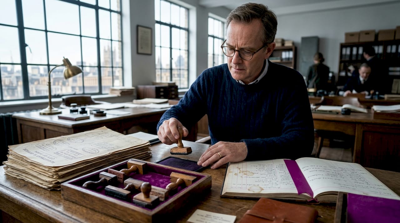 Archivist reviewing old rubber stamps at desk