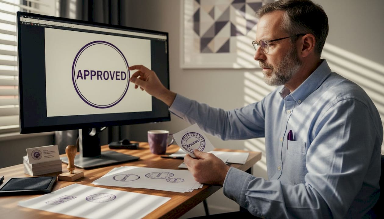 Business owner reviews company stamp design