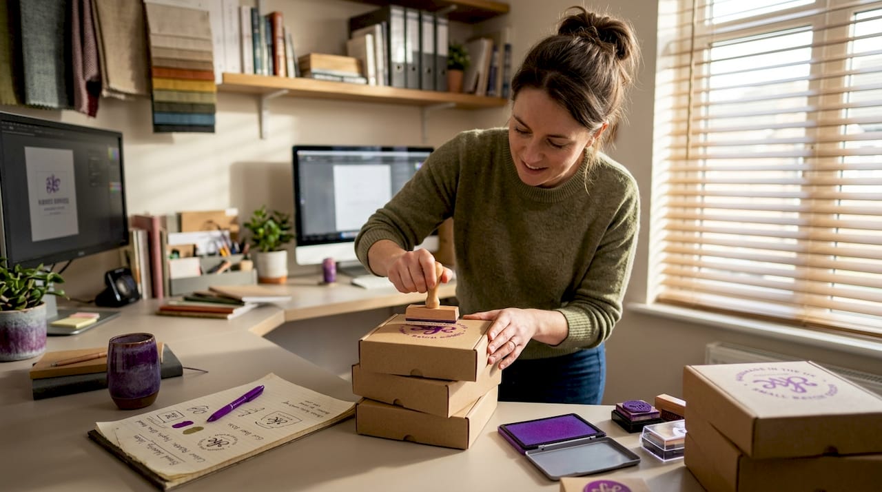 Small business owner stamping branded boxes