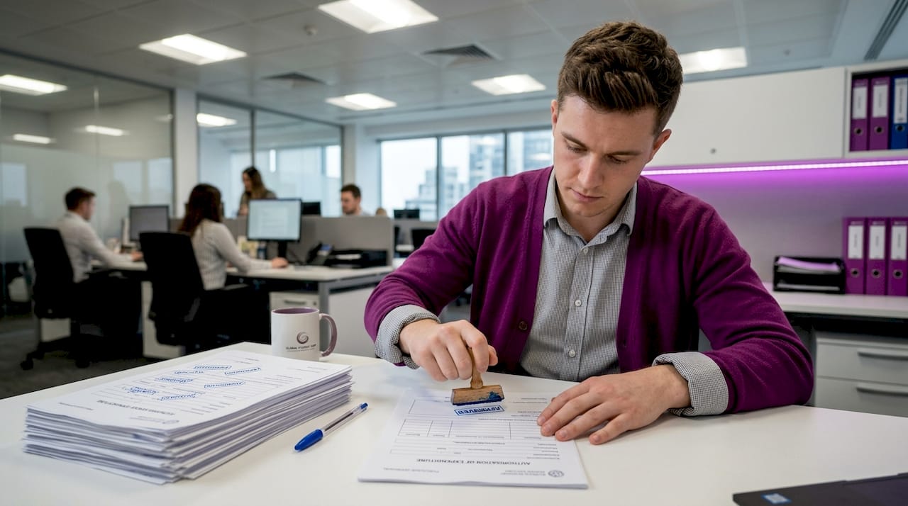 Office assistant stamping approval form with blue ink